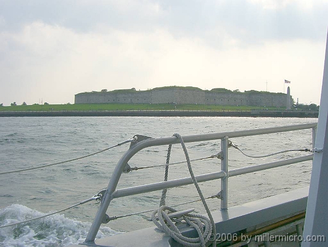 060727SpectacleIsland19 Most of the way back to Boston, we pass one of its old harbor forts, Fort Independence. There's been a fort here since 1634.<br />Do YOU want to visit the Harbor Islands? It's free, except for the boat rides -- and a day-ticket buys as many boat rides as you like! Start <a href=http://www.bostonislands.com/>here</a>.