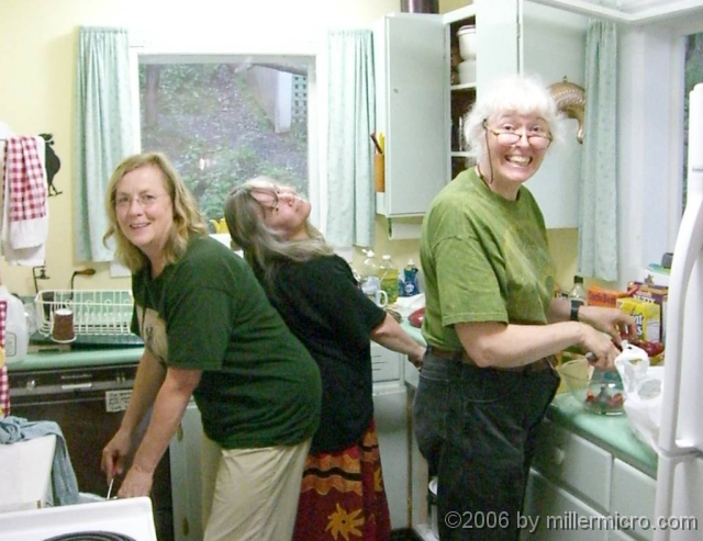 060628LissMareJillAtLakeMorey The fabulous Andrist  Sisters - Melissa Hardtke, Mary Leech and Jill Miller - whooping it up in the Recreation kitchen.
